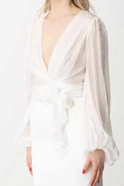 Elisabetta Franchi Camicia In Voile Di Seta con Maniche ArricciateAVORIO