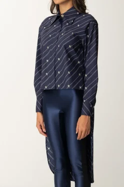 Elisabetta Franchi Camicia Asimmetrica con Stampa Righe e LogoNAVY/CREMA