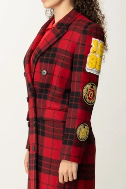 Elisabetta Franchi Cappotto Lungo Doppiopetto TartanRED PASSION/NERO