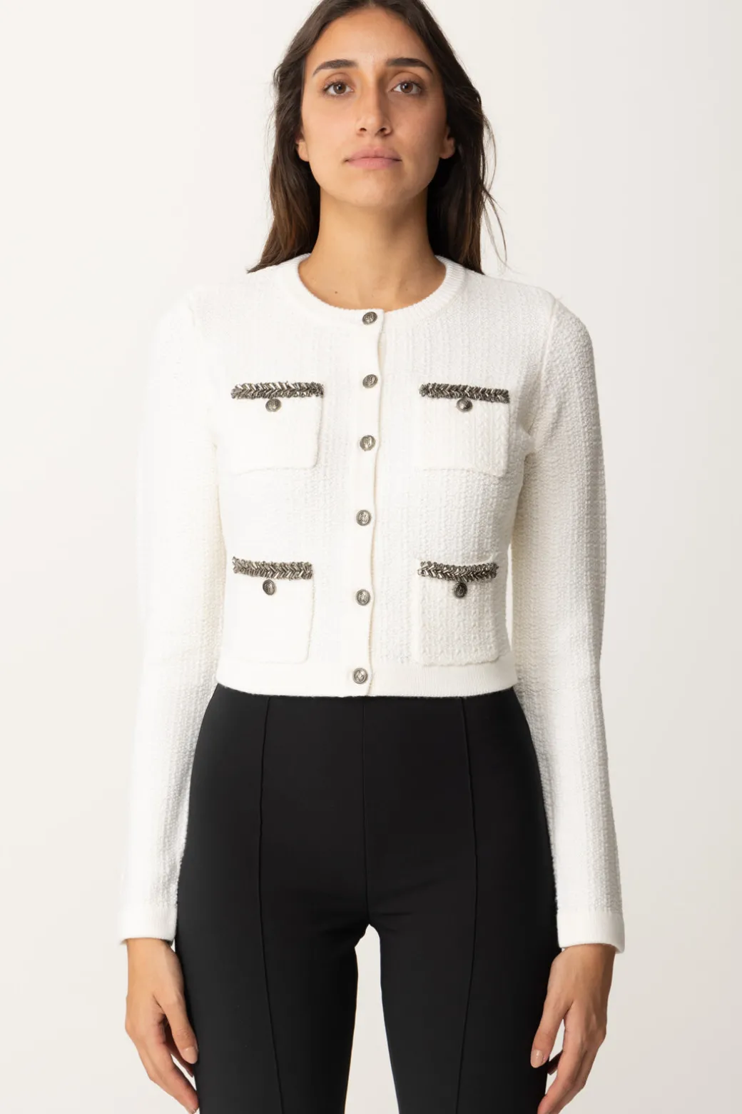 Elisabetta Franchi Cardigan In Lana Bouclé con RicamoAVORIO