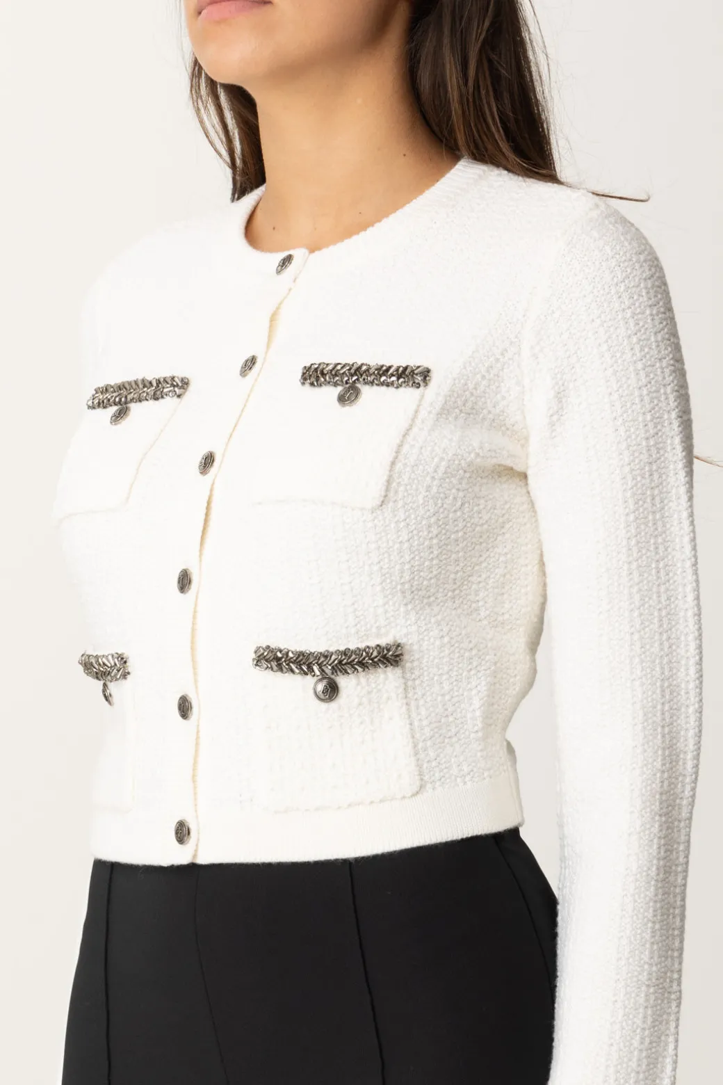 Elisabetta Franchi Cardigan In Lana Bouclé con RicamoAVORIO