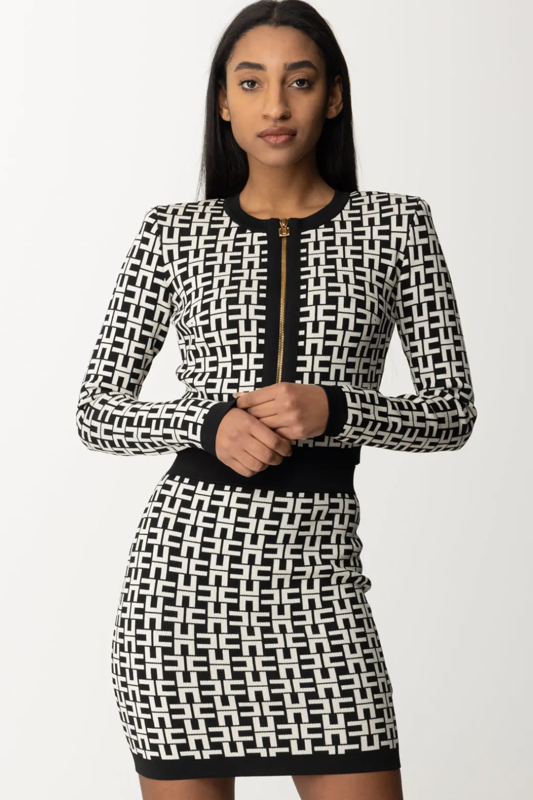 Elisabetta Franchi Cardigan Corto In Viscosa Stampa LogoNERO/BURRO