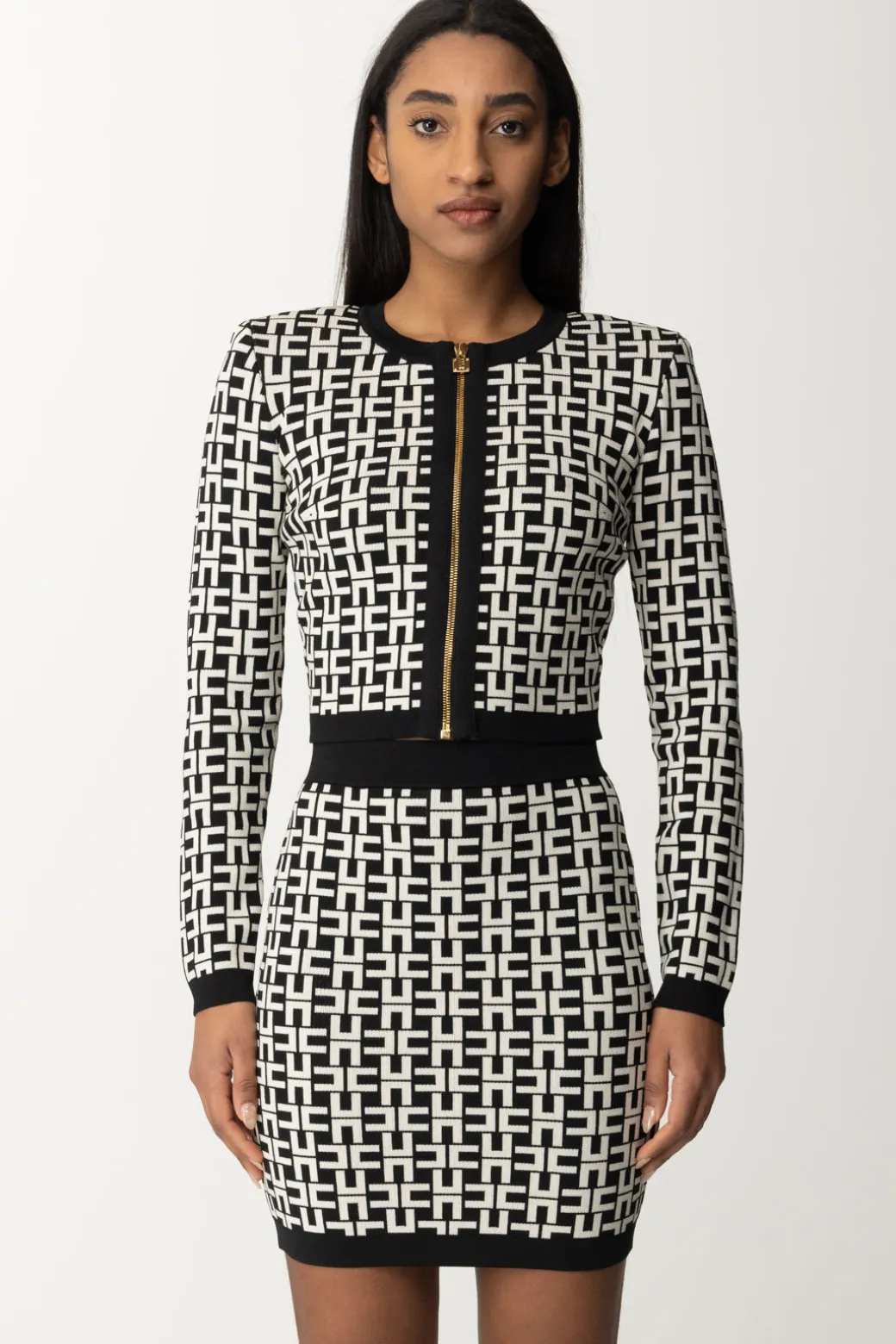 Elisabetta Franchi Cardigan Corto In Viscosa Stampa LogoNERO/BURRO