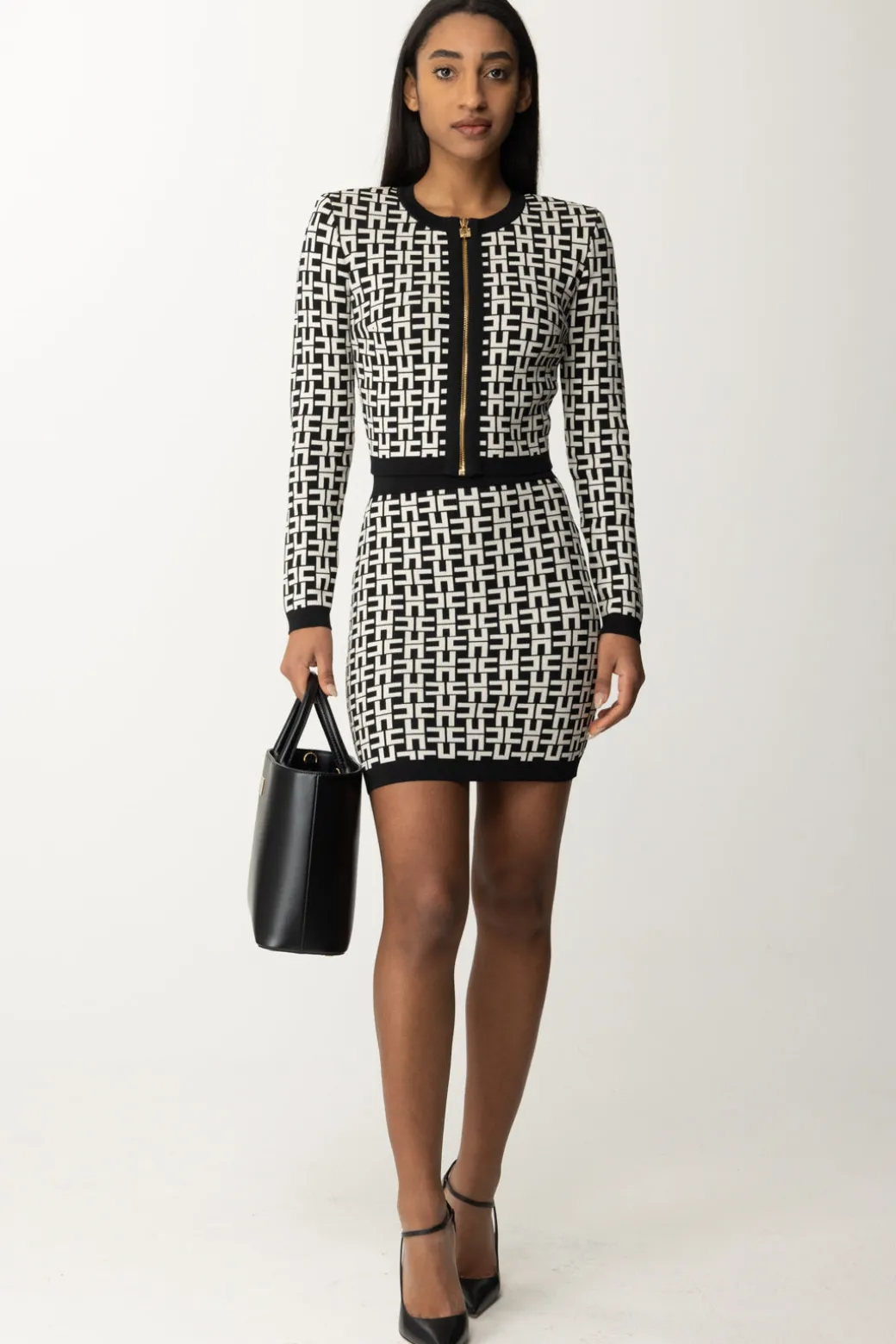 Elisabetta Franchi Cardigan Corto In Viscosa Stampa LogoNERO/BURRO