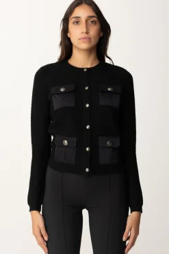 Elisabetta Franchi Cardigan In Lana Bouclé con Tasche In VelaNERO