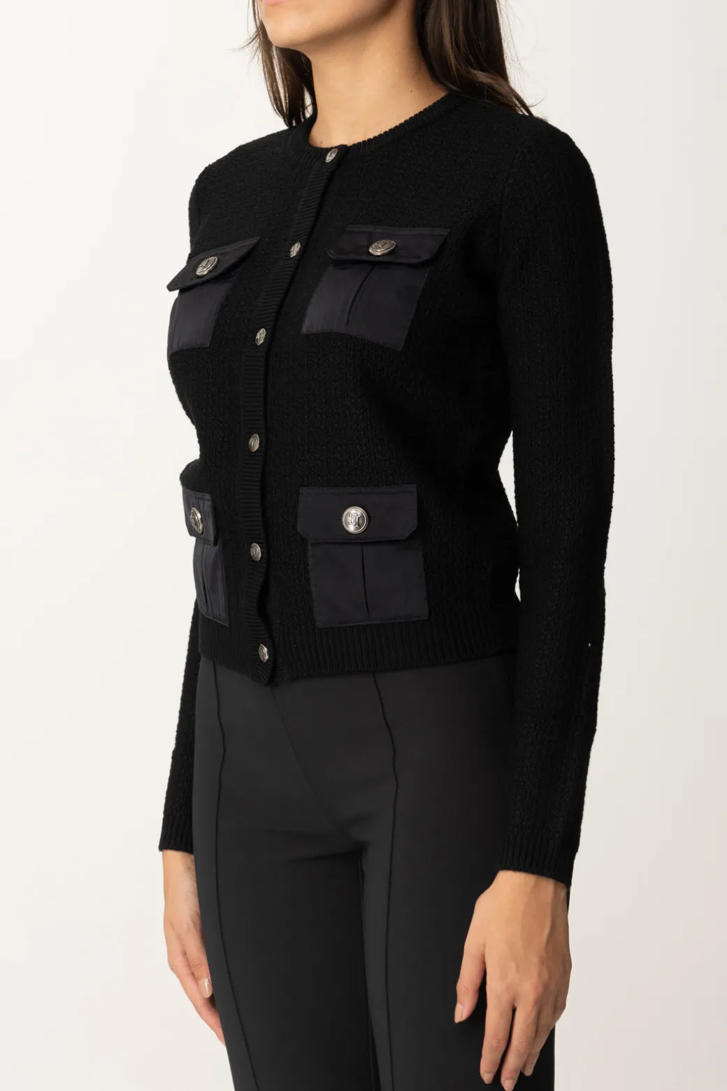 Elisabetta Franchi Cardigan In Lana Bouclé con Tasche In VelaNERO