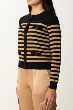 Elisabetta Franchi Cardigan a Righe con TaschineNERO/CAMEL