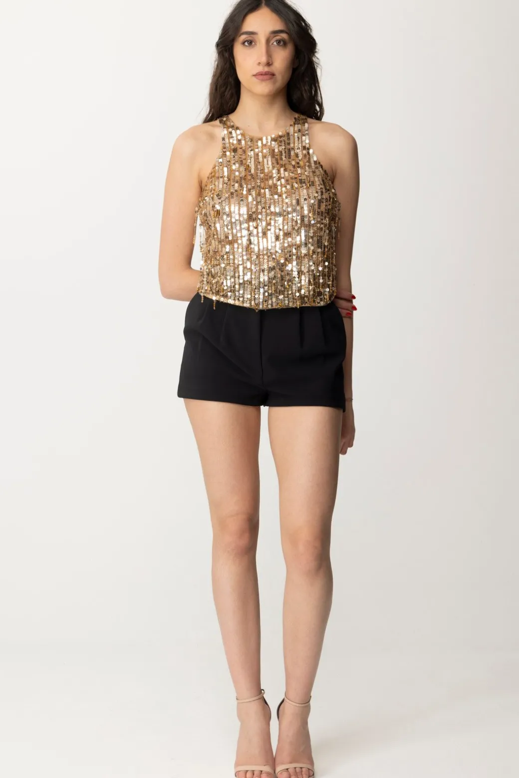 Elisabetta Franchi Crop Top con Frange Di PerlineGOLD