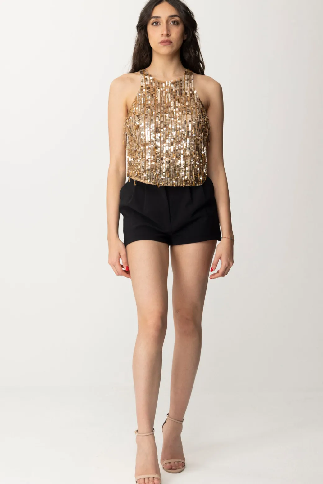 Elisabetta Franchi Crop Top con Frange Di PerlineGOLD