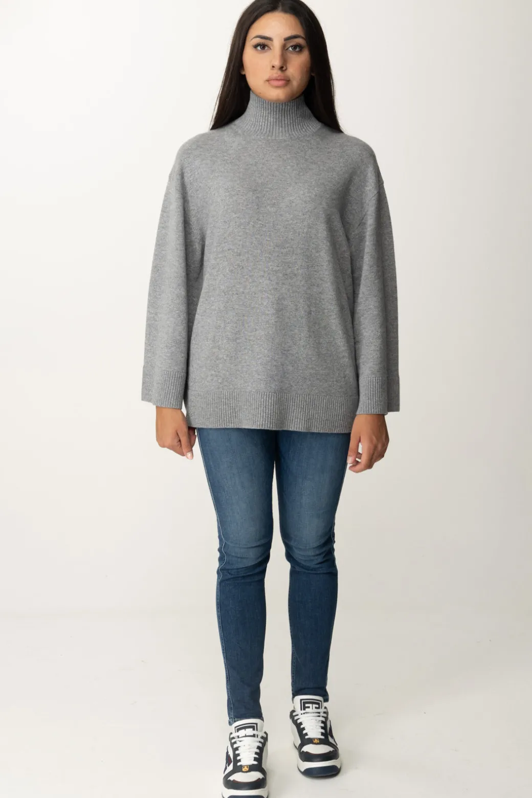 Elisabetta Franchi Dolcevita In Misto Cashmere con LogoGRIGIO MELANGE/AVORIO