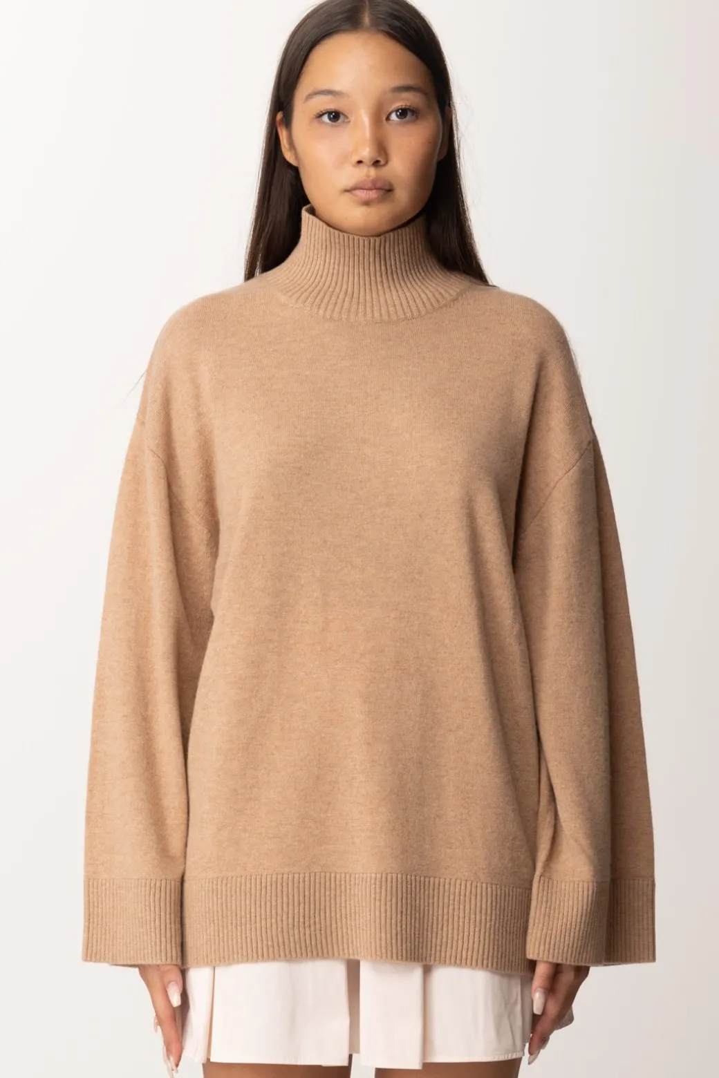 Elisabetta Franchi Dolcevita In Misto Cashmere con LogoCAMEL MELANGE/AVORIO