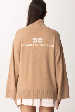Elisabetta Franchi Dolcevita In Misto Cashmere con LogoCAMEL MELANGE/AVORIO