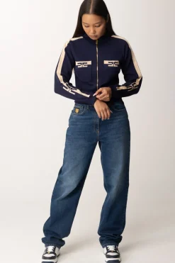 Elisabetta Franchi Felpa Crop con Bande BicolorNAVY/CREMA