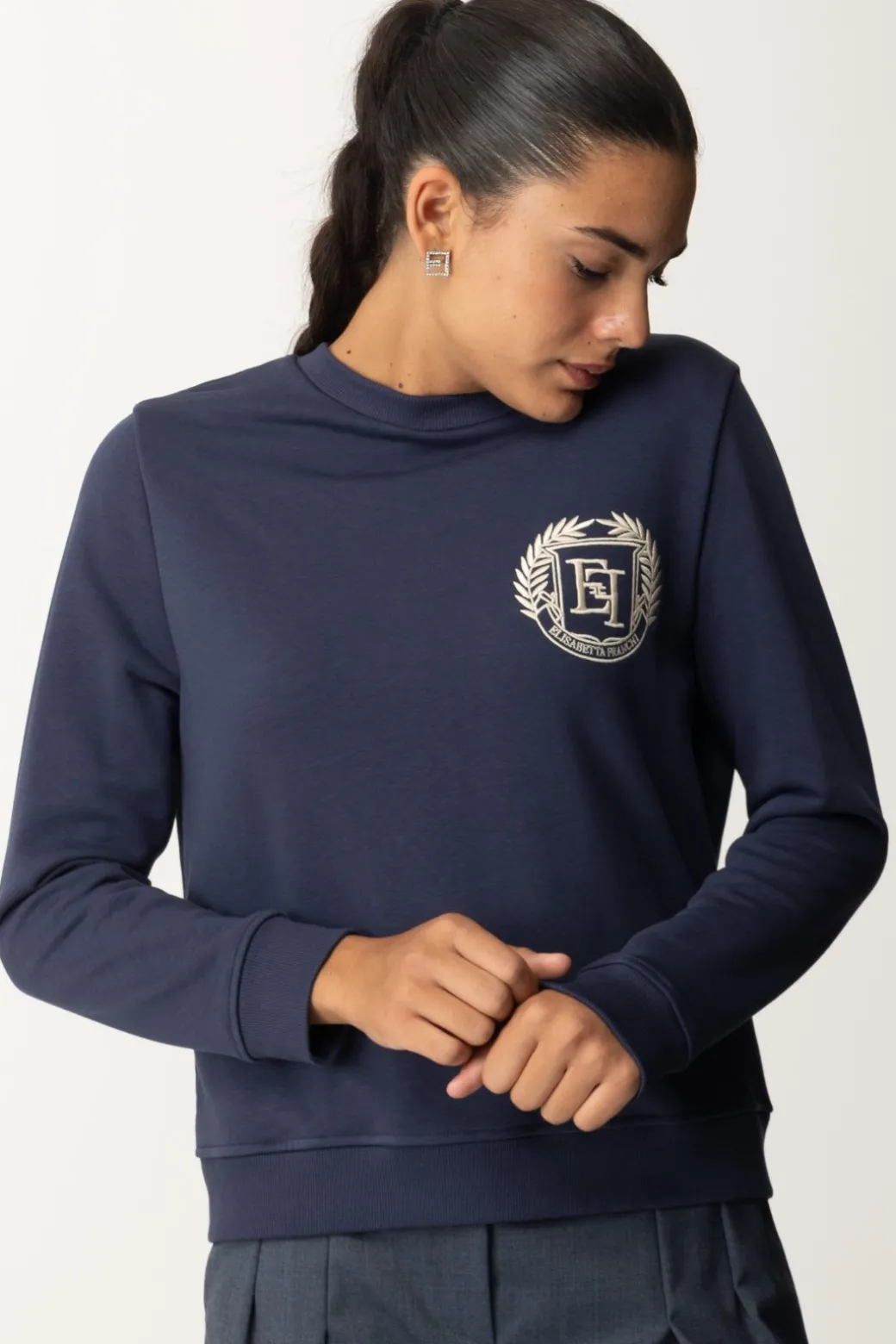 Elisabetta Franchi Felpa In Cotone con Ricamo StemmaNAVY
