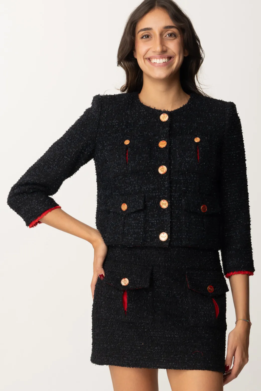 Elisabetta Franchi Giacca Cropped In Tweed con TascheNERO/RED PASSION