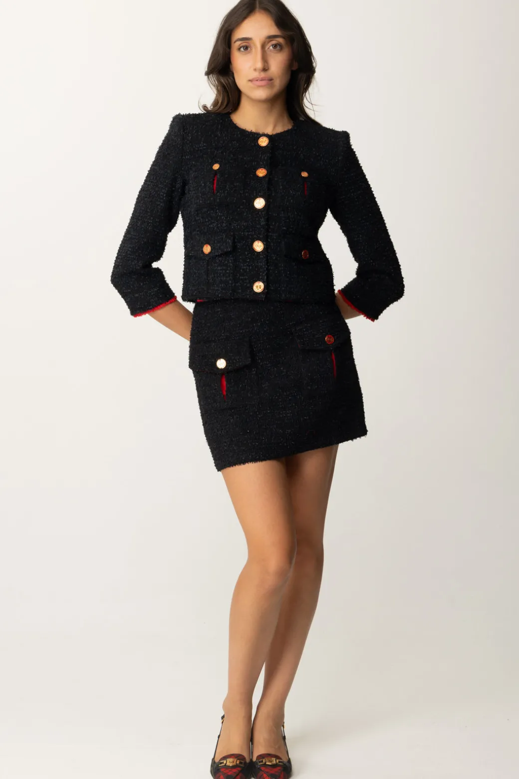 Elisabetta Franchi Giacca Cropped In Tweed con TascheNERO/RED PASSION