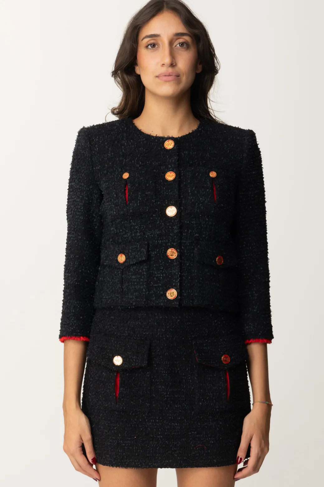 Elisabetta Franchi Giacca Cropped In Tweed con TascheNERO/RED PASSION