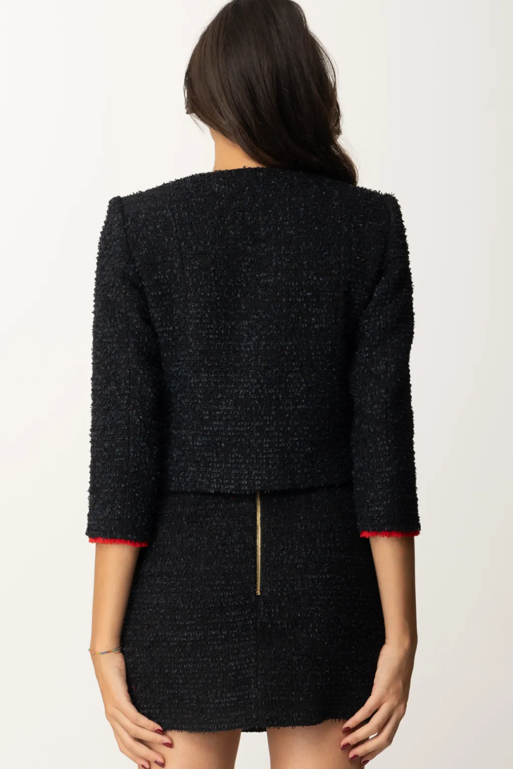 Elisabetta Franchi Giacca Cropped In Tweed con TascheNERO/RED PASSION