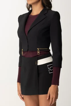 Elisabetta Franchi Giacca Crop con Zip e Maniche a Tre QuartiNERO