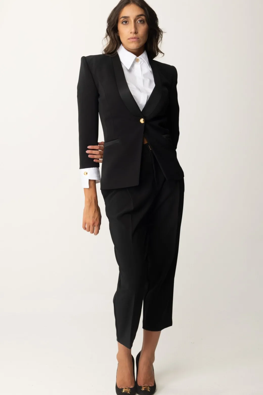 Elisabetta Franchi Giacca con Dettagli In Raso e Polsini In CotoneNERO