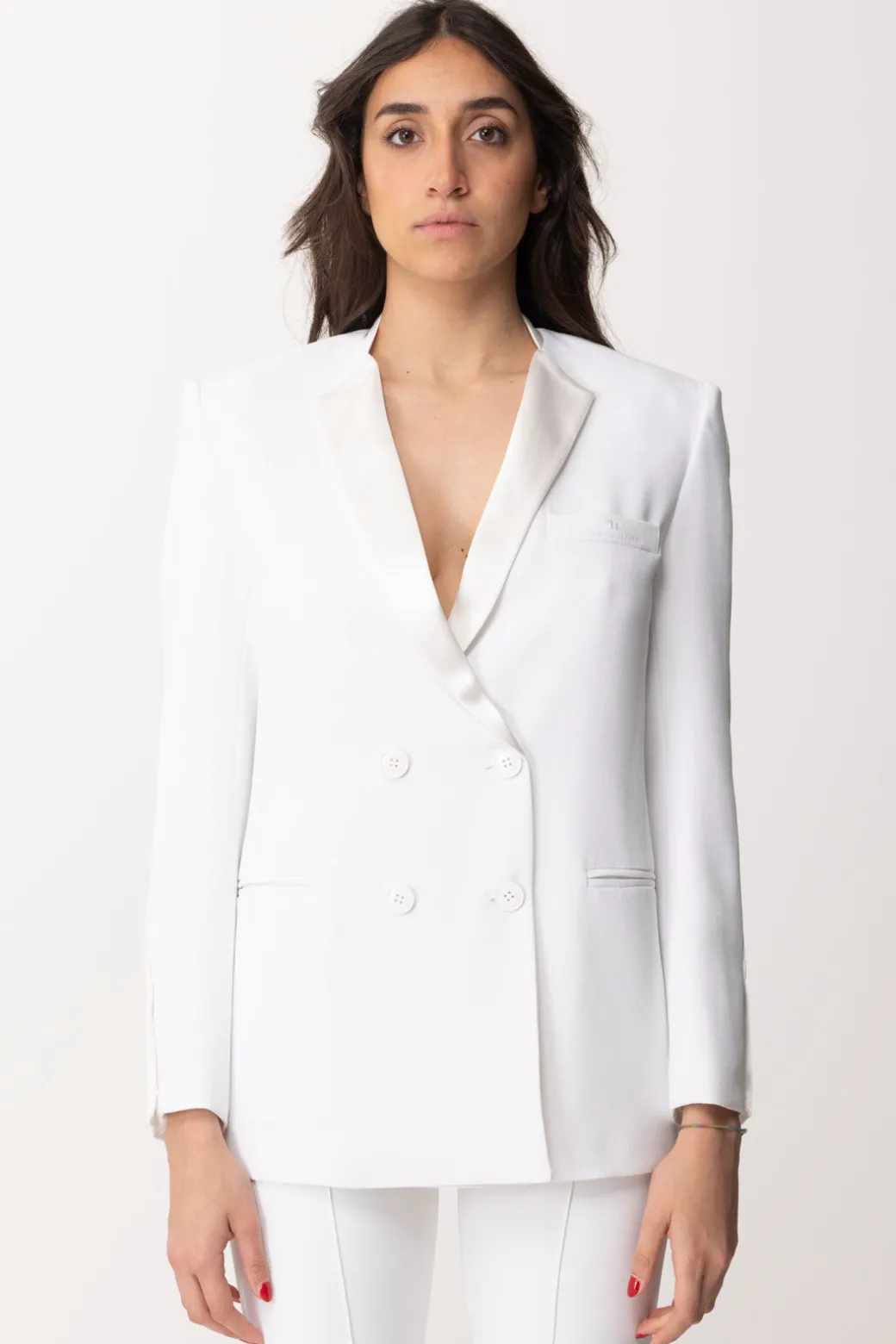 Elisabetta Franchi Giacca Doppiopetto con Revers In RasoAVORIO