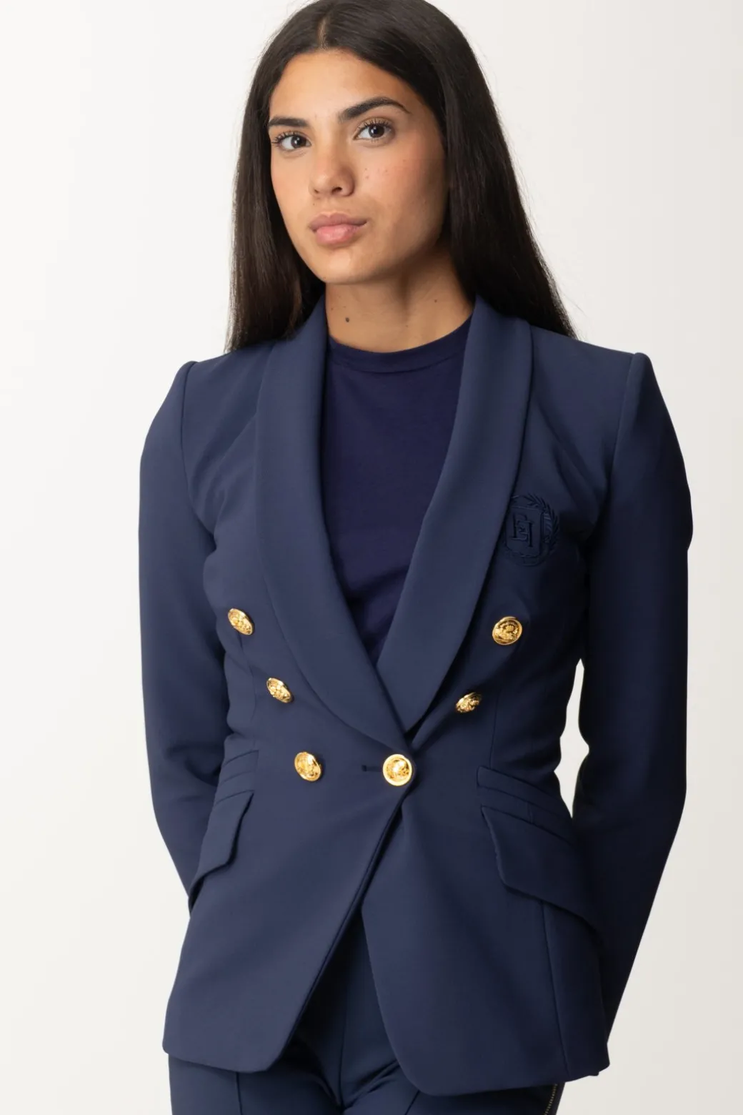 Elisabetta Franchi Giacca Doppiopetto con Ricamo StemmaNAVY