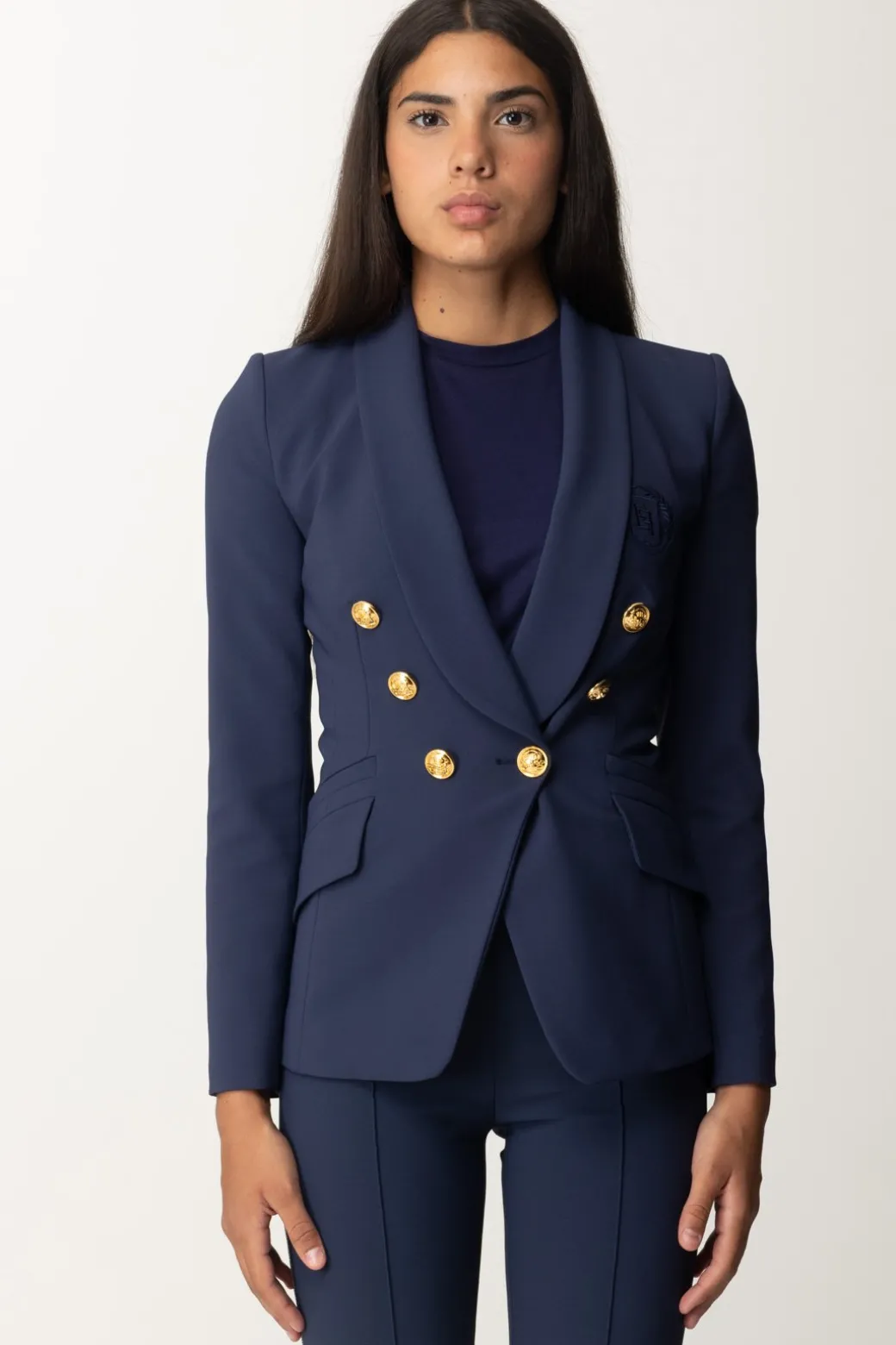 Elisabetta Franchi Giacca Doppiopetto con Ricamo StemmaNAVY