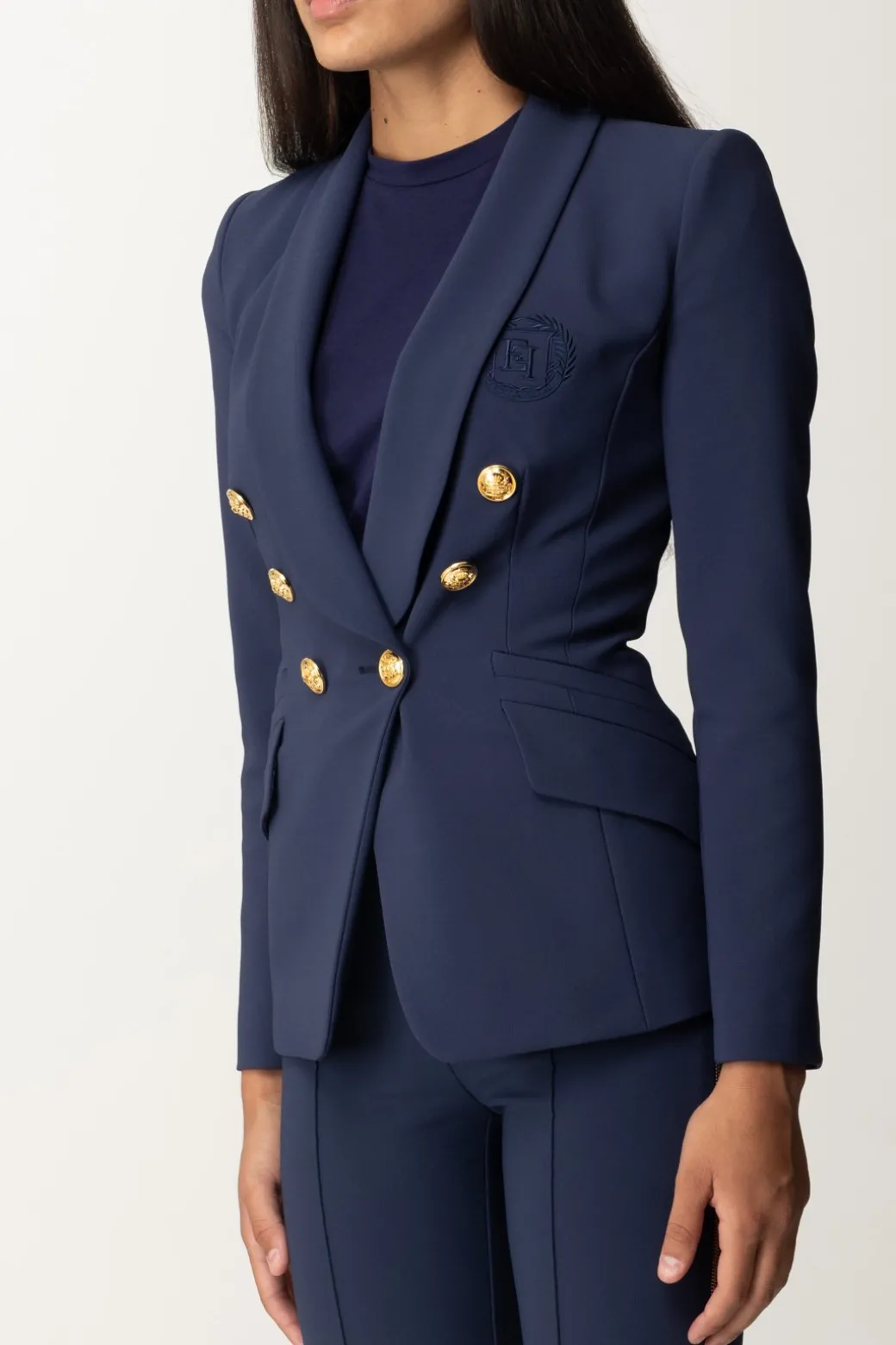 Elisabetta Franchi Giacca Doppiopetto con Ricamo StemmaNAVY