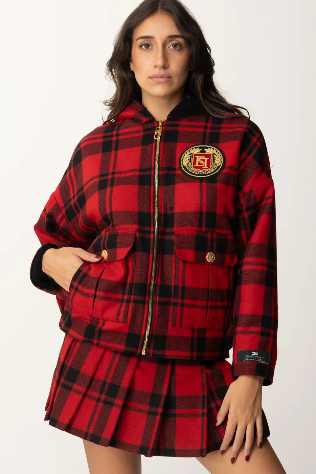 Elisabetta Franchi Giubbotto In Tartan con Cappuccio e PatchRED PASSION/NERO