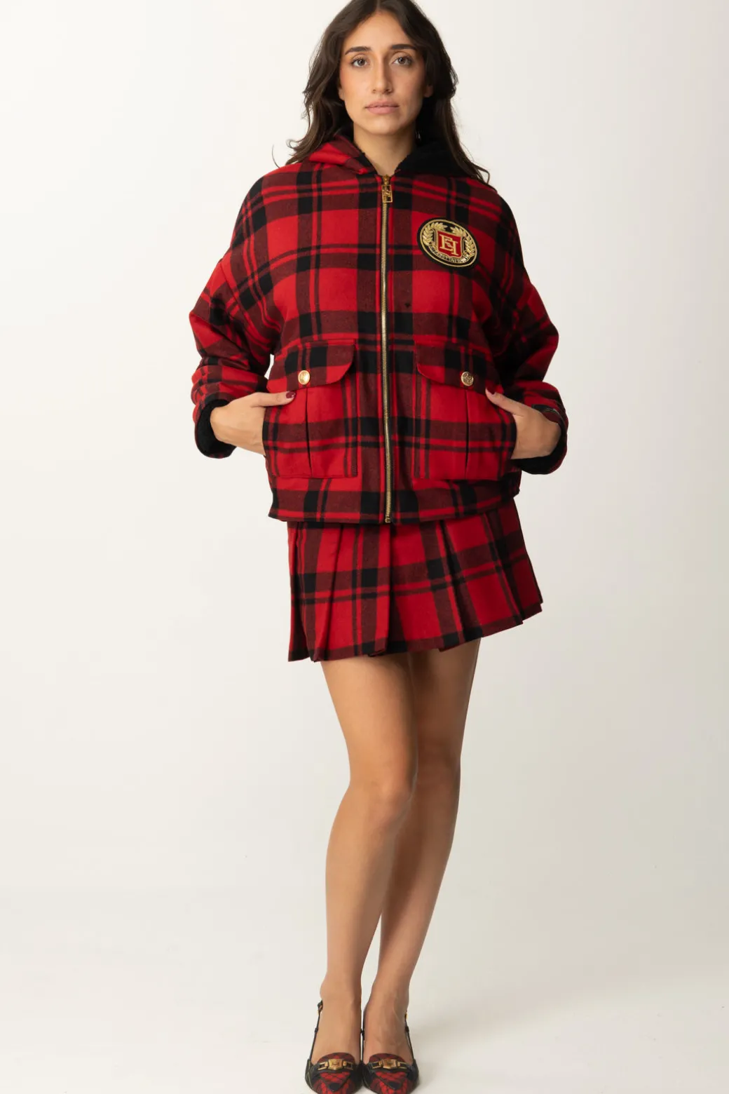 Elisabetta Franchi Giubbotto In Tartan con Cappuccio e PatchRED PASSION/NERO
