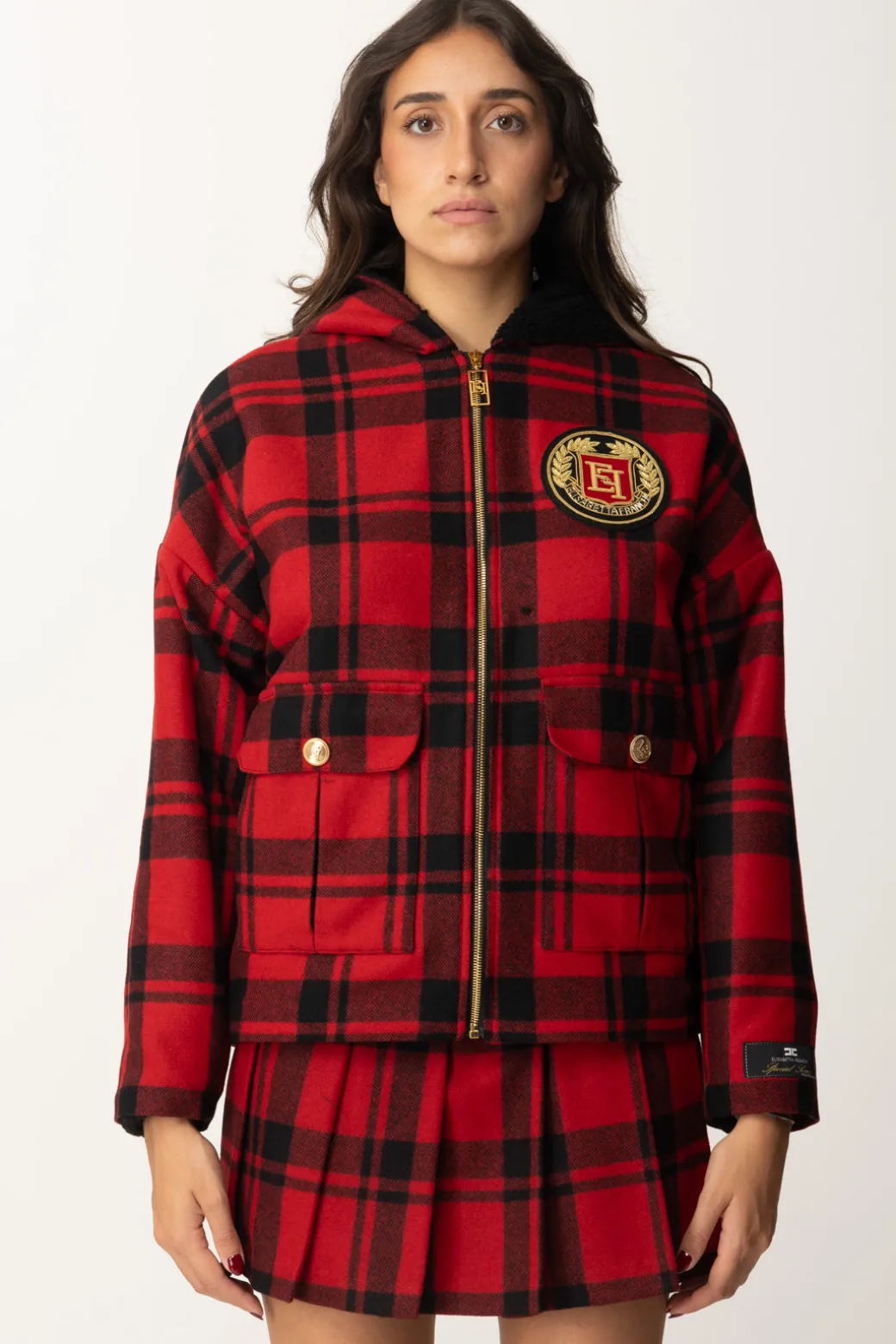 Elisabetta Franchi Giubbotto In Tartan con Cappuccio e PatchRED PASSION/NERO