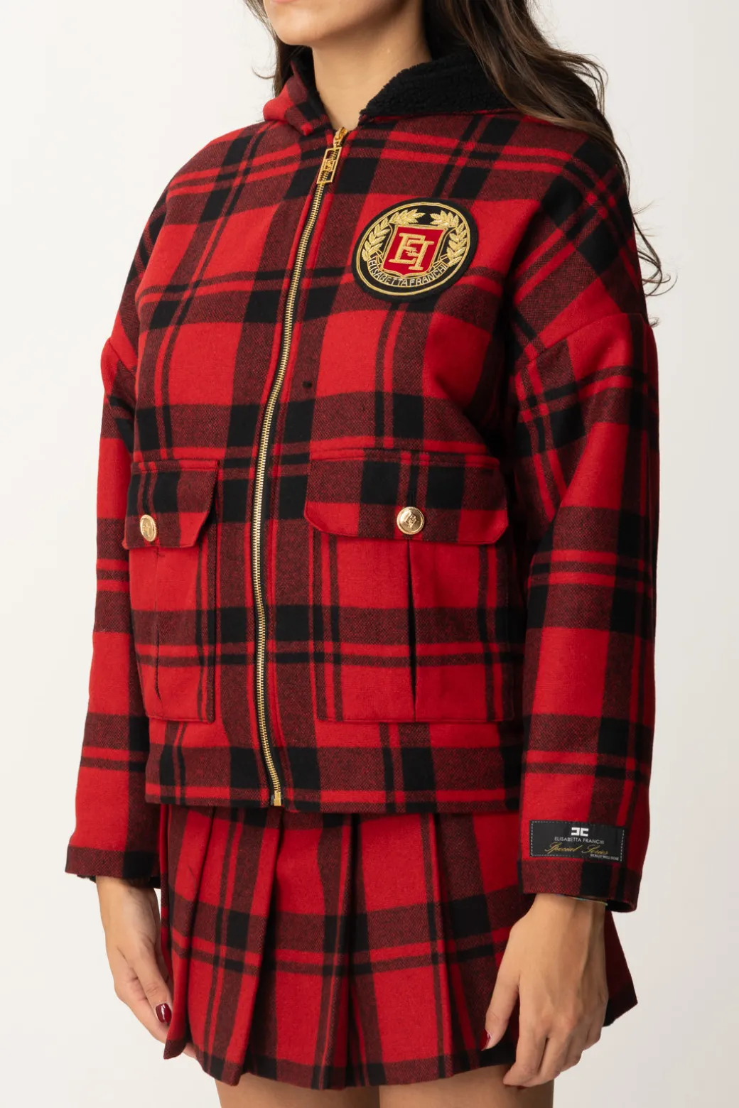 Elisabetta Franchi Giubbotto In Tartan con Cappuccio e PatchRED PASSION/NERO