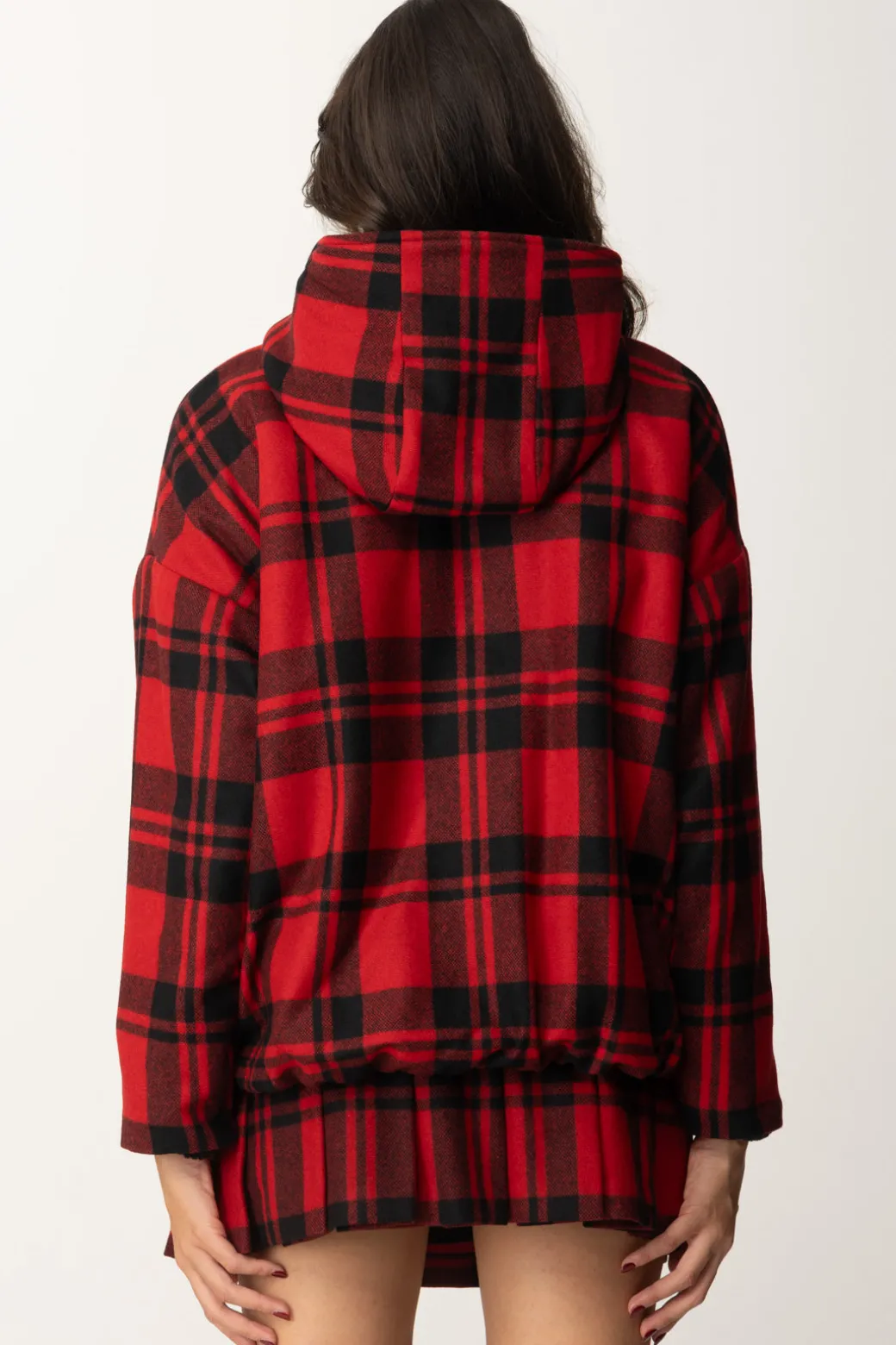 Elisabetta Franchi Giubbotto In Tartan con Cappuccio e PatchRED PASSION/NERO