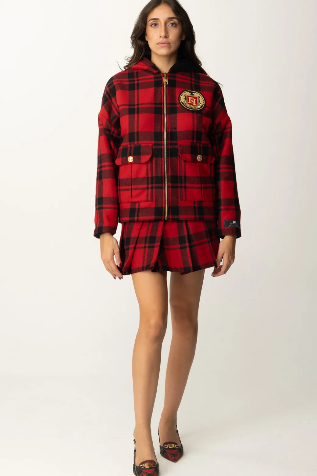 Elisabetta Franchi Giubbotto In Tartan con Cappuccio e PatchRED PASSION/NERO