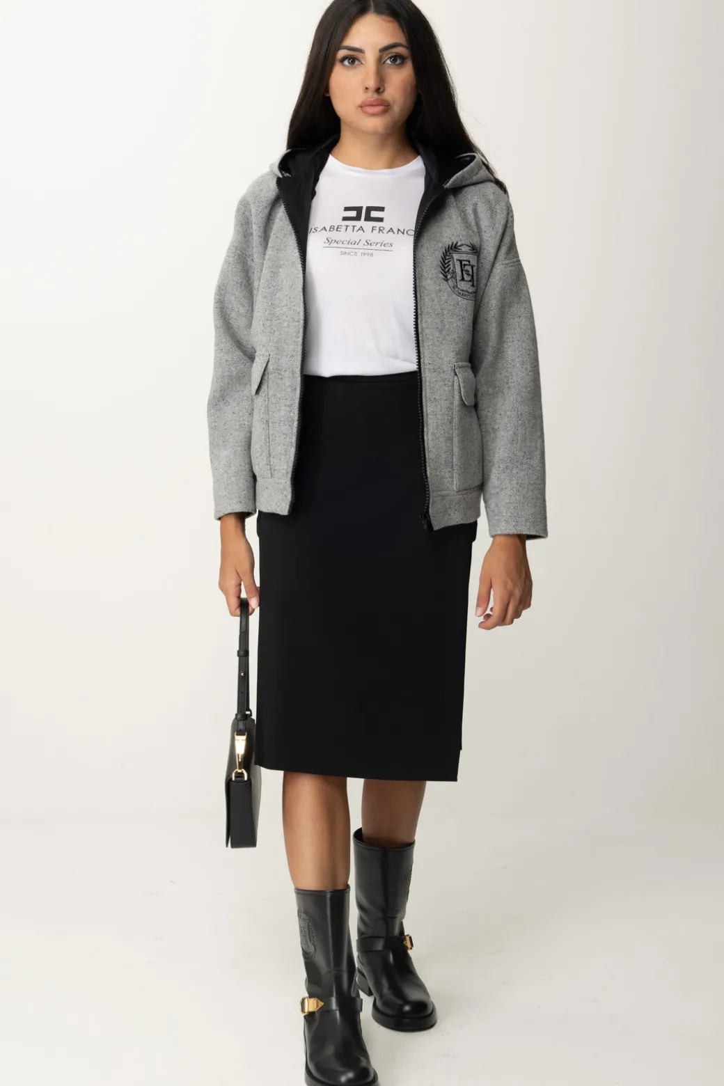 Elisabetta Franchi Giubbotto In Panno con Zip e CappuccioGRIGIO MELANGE