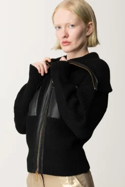 Elisabetta Franchi Giubbotto Tricot con Inserti In Pelle SinteticaNERO