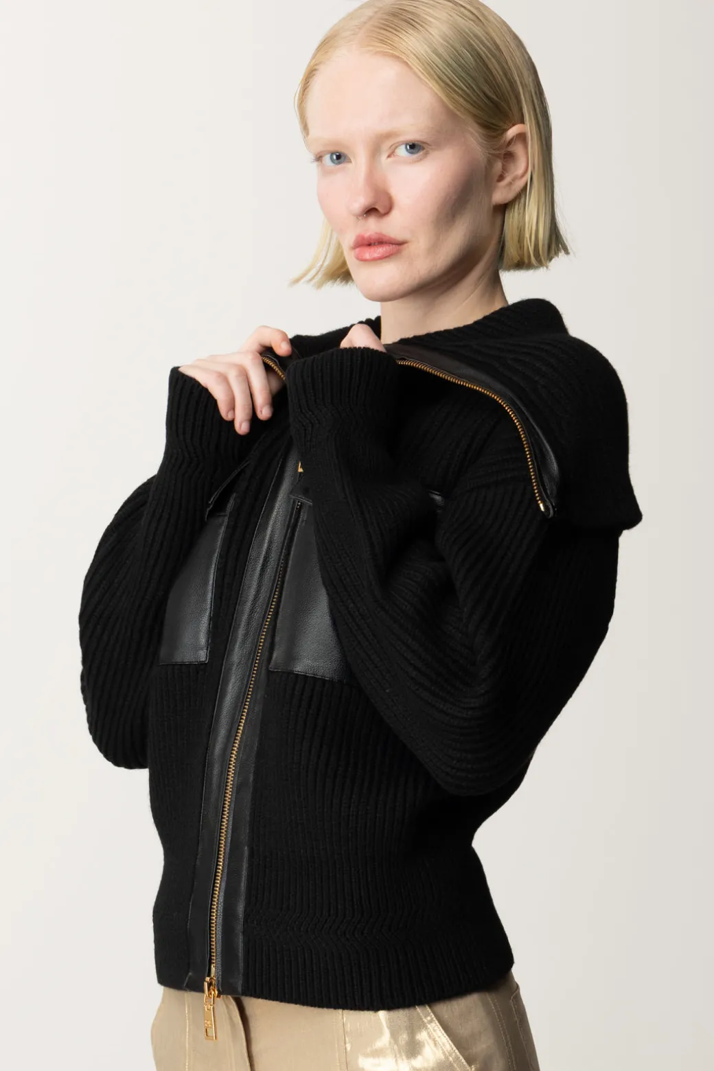 Elisabetta Franchi Giubbotto Tricot con Inserti In Pelle SinteticaNERO