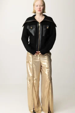 Elisabetta Franchi Giubbotto Tricot con Inserti In Pelle SinteticaNERO