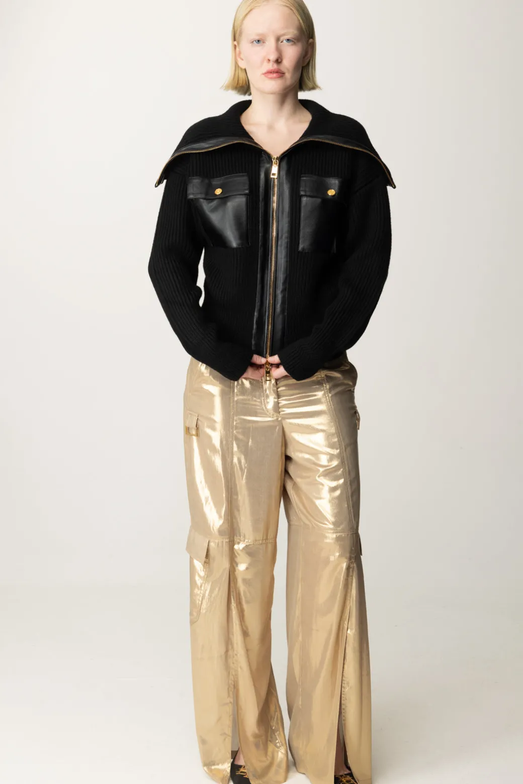 Elisabetta Franchi Giubbotto Tricot con Inserti In Pelle SinteticaNERO