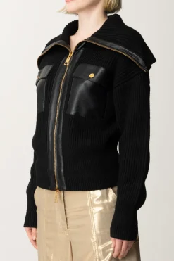 Elisabetta Franchi Giubbotto Tricot con Inserti In Pelle SinteticaNERO
