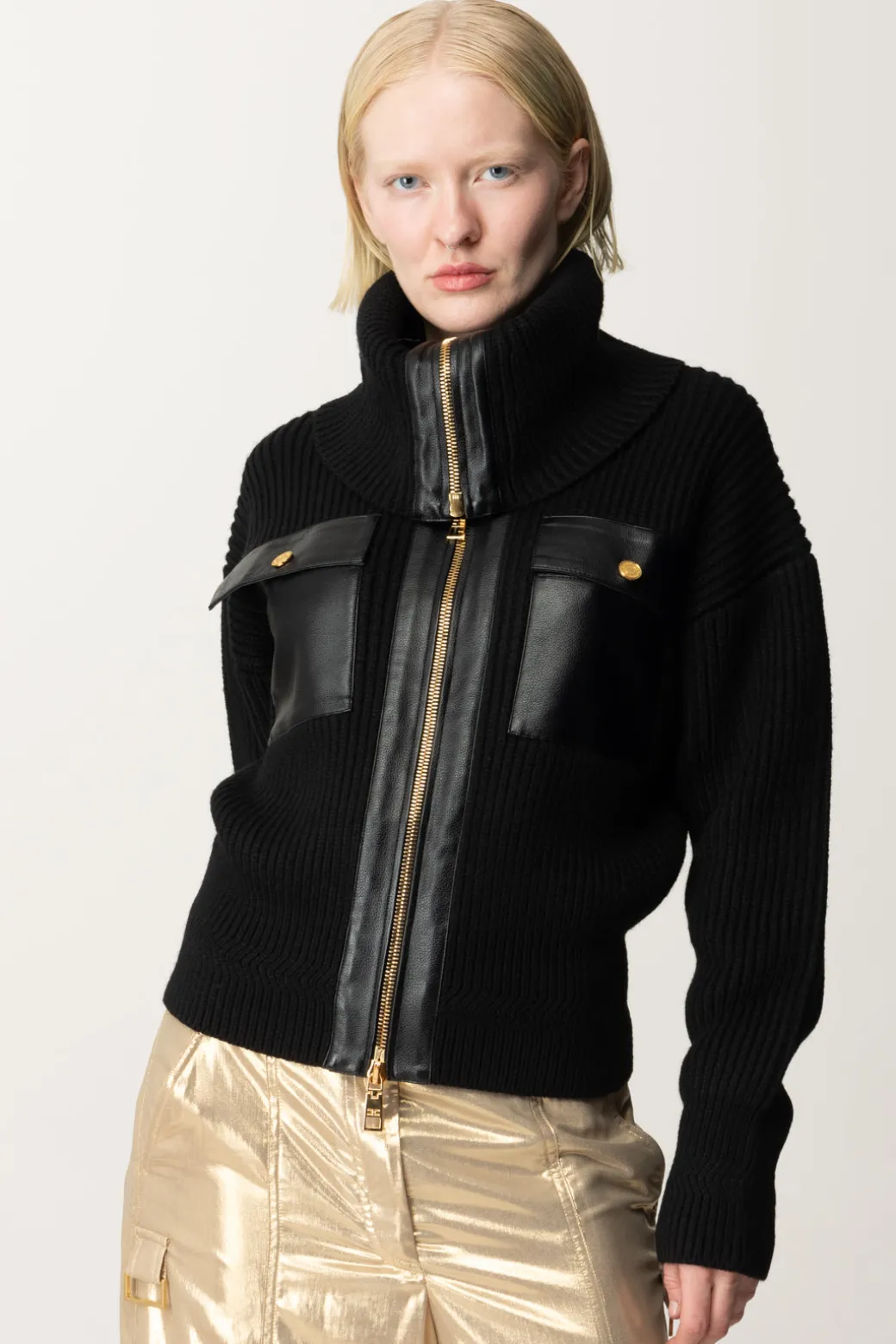 Elisabetta Franchi Giubbotto Tricot con Inserti In Pelle SinteticaNERO