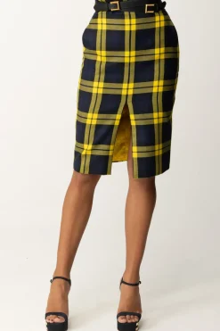 Elisabetta Franchi Gonna Tartan a Tubino con CinturaNAVY/MIMOSA