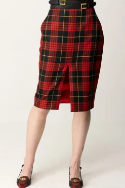 Elisabetta Franchi Gonna Tartan a Tubino con CinturaNERO/RED PASSION