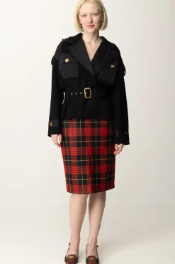 Elisabetta Franchi Gonna Tartan a Tubino con CinturaNERO/RED PASSION