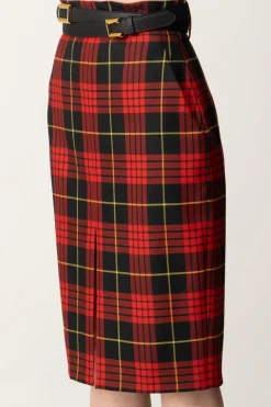 Elisabetta Franchi Gonna Tartan a Tubino con CinturaNERO/RED PASSION