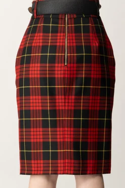 Elisabetta Franchi Gonna Tartan a Tubino con CinturaNERO/RED PASSION