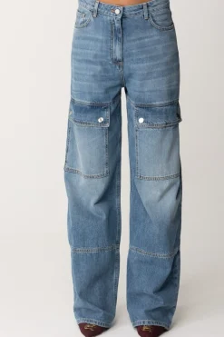 Elisabetta Franchi Jeans Cargo In Cotone a Vita BassaLIGHT BLUE