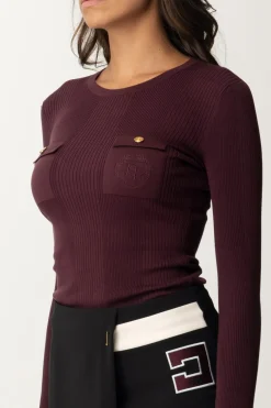 Elisabetta Franchi Maglia Tricot Misto Seta con Ricamo LogoROUGE NOIR