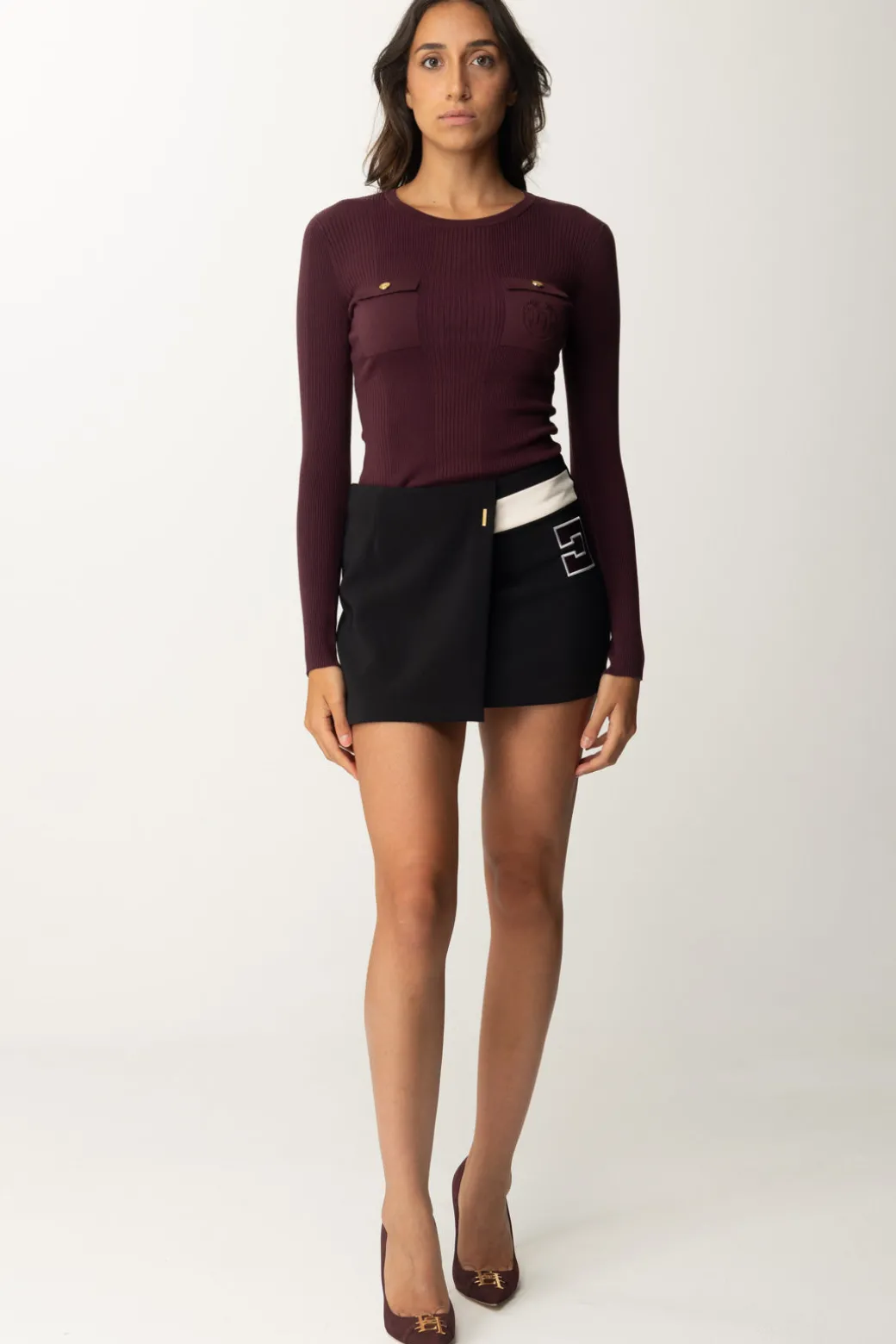 Elisabetta Franchi Maglia Tricot Misto Seta con Ricamo LogoROUGE NOIR