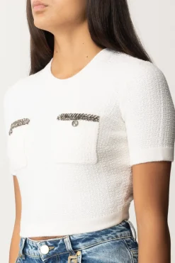 Elisabetta Franchi Maglia Crop a Maniche Corte In Lana BoucléAVORIO